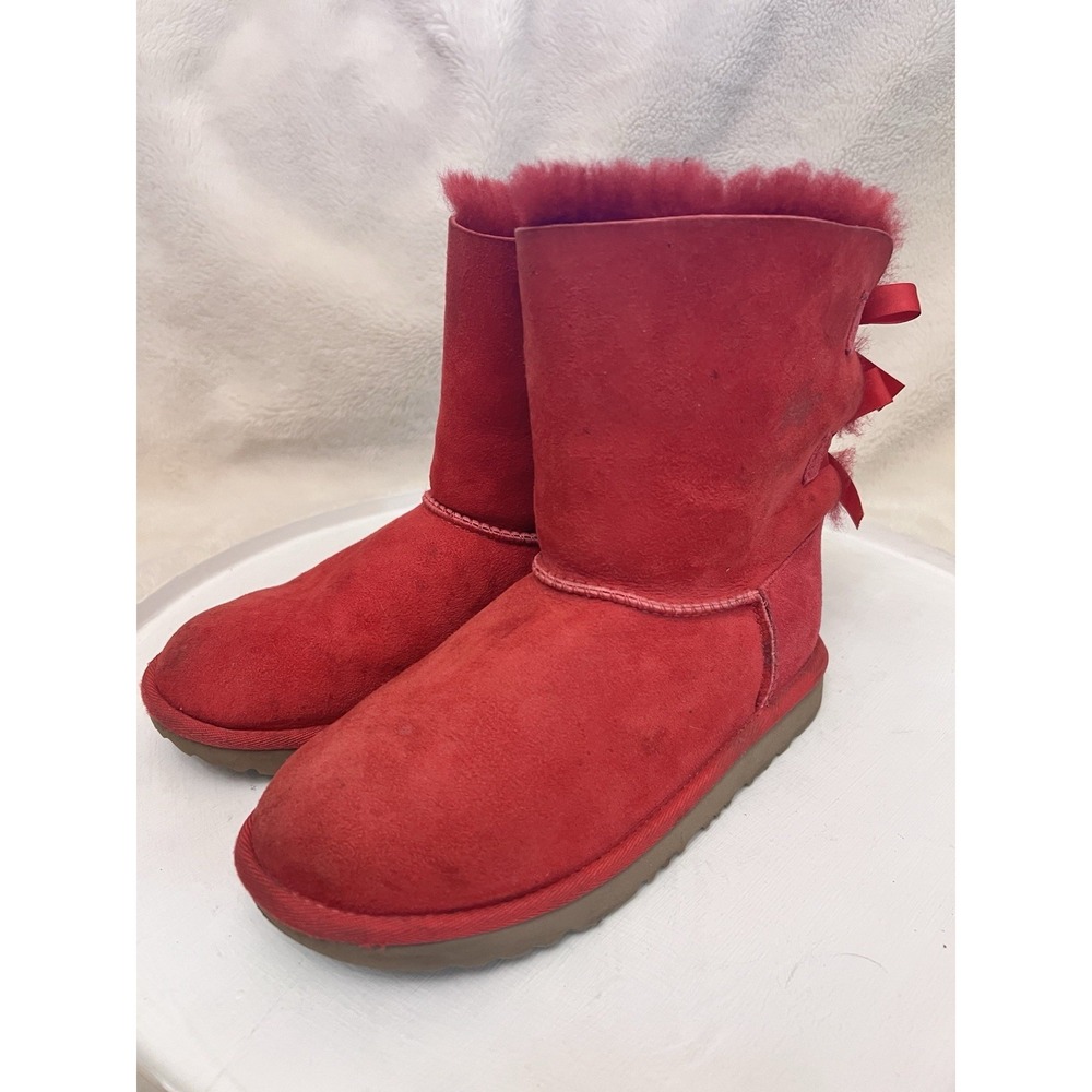 UGG Fuchsia pink Bailey Bows Boot Sz 4 Colorblock Suede Sheepskin Lined Boho